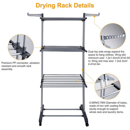Clothes Drying Rack Rolling Collapsible Laundry Dryer Hanger Stand Rail Shelve_x000B__x000B_Wardrobe Clothing Drying Racks w/ Dual Side Wings