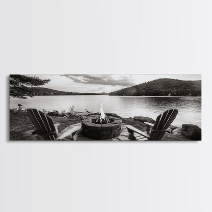 Lakeside Fire Pit, Adirondack Chairs, Mountain Retreat, Framed Canvas Print, Fall Cabin Wall Art, Rustic Living Room Decor, Cozy Mood