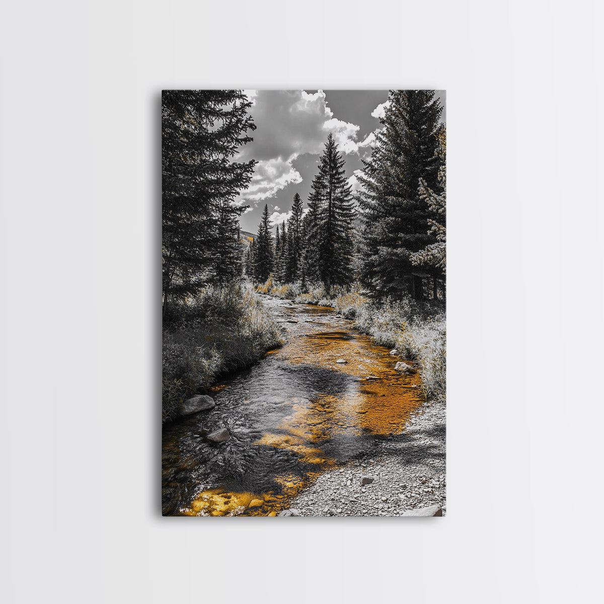 Forest Stream, Autumn Glow, Mountain Trees, Framed Canvas Print, Rustic Cabin Wall Art, Nature Photography, Fall Landscape Decor