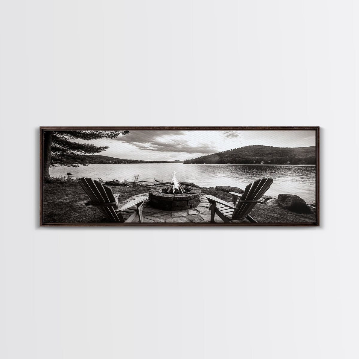 Lakeside Fire Pit, Adirondack Chairs, Mountain Retreat, Framed Canvas Print, Fall Cabin Wall Art, Rustic Living Room Decor, Cozy Mood