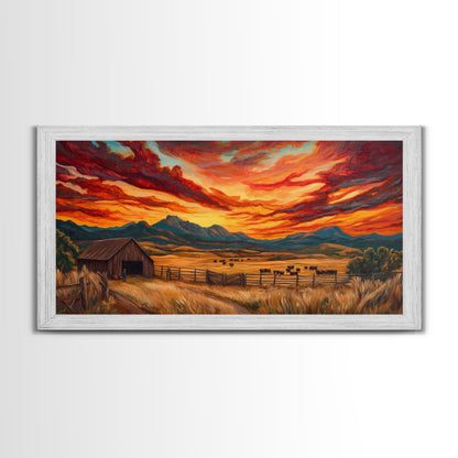 Sunset Ranch Framed Canvas Print Western Farmhouse Landscape Autumn Wall Art Large Fall Country Home Decor Above Sofa Art Piece
