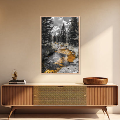 Forest Stream, Autumn Glow, Mountain Trees, Framed Canvas Print, Rustic Cabin Wall Art, Nature Photography, Fall Landscape Decor