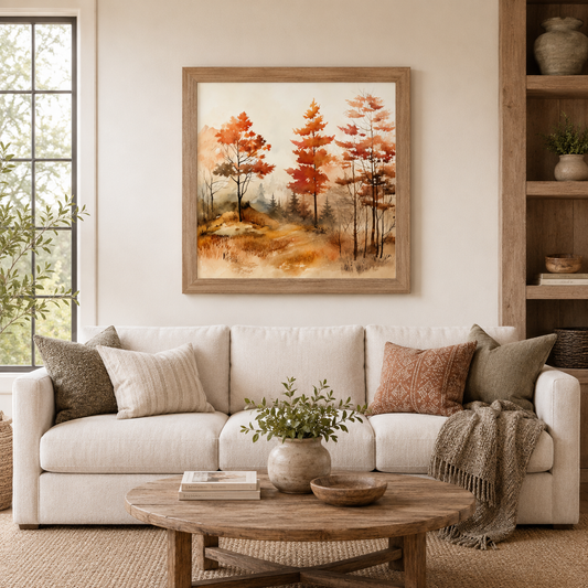 Autumn Watercolor Forest Wall Art – Fall Landscape Square Fine Art Decor (SB304)